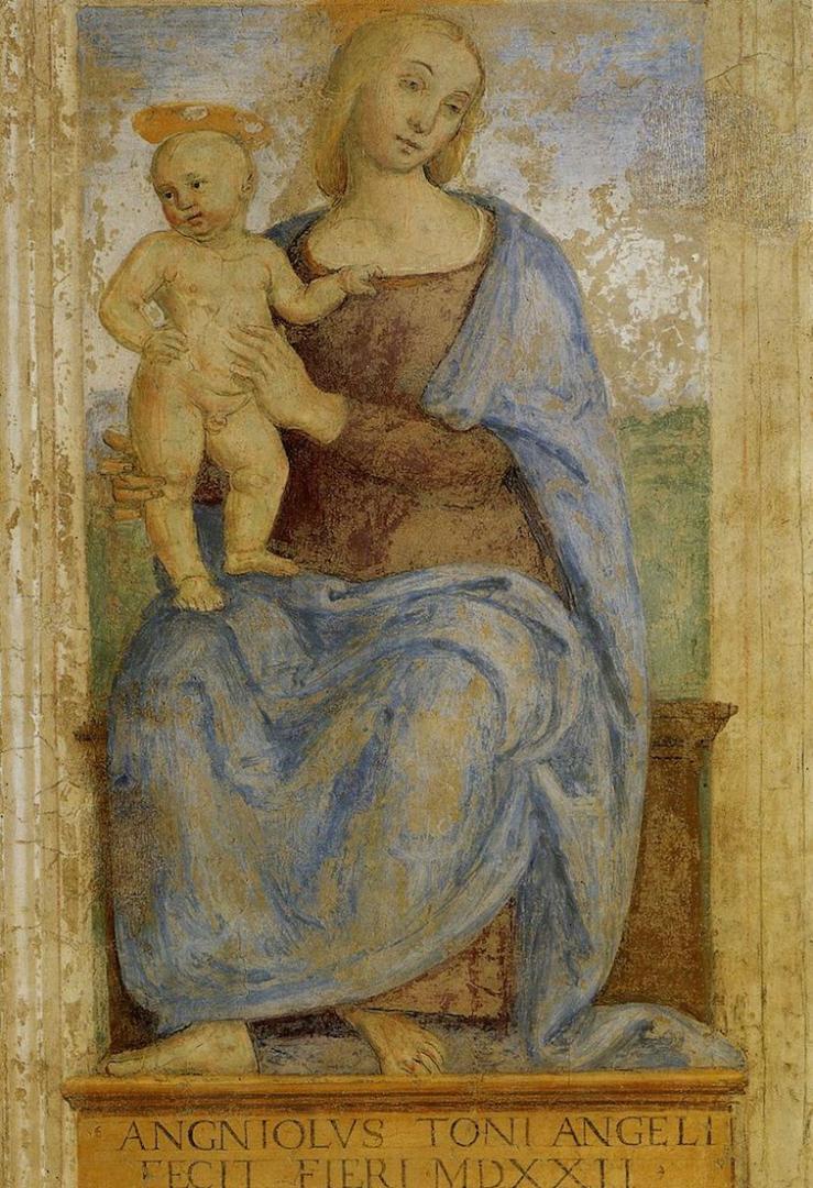 Fresco of the Fontignano Madonna by Pietro Perugino, characterized by delicate lines and soft colors, with an inscription at the bottom.