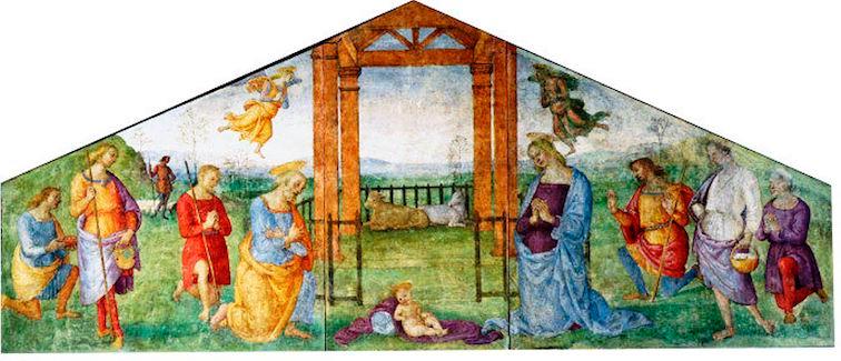 Fresco by Perugino depicting the Adoration of the Shepherds, with the Baby Jesus at the center and shepherds kneeling in prayer on either side.