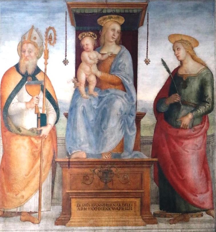 Madonna with Child on a throne between a bishop with a crosier and a saint holding a palm, in a delicately toned fresco.