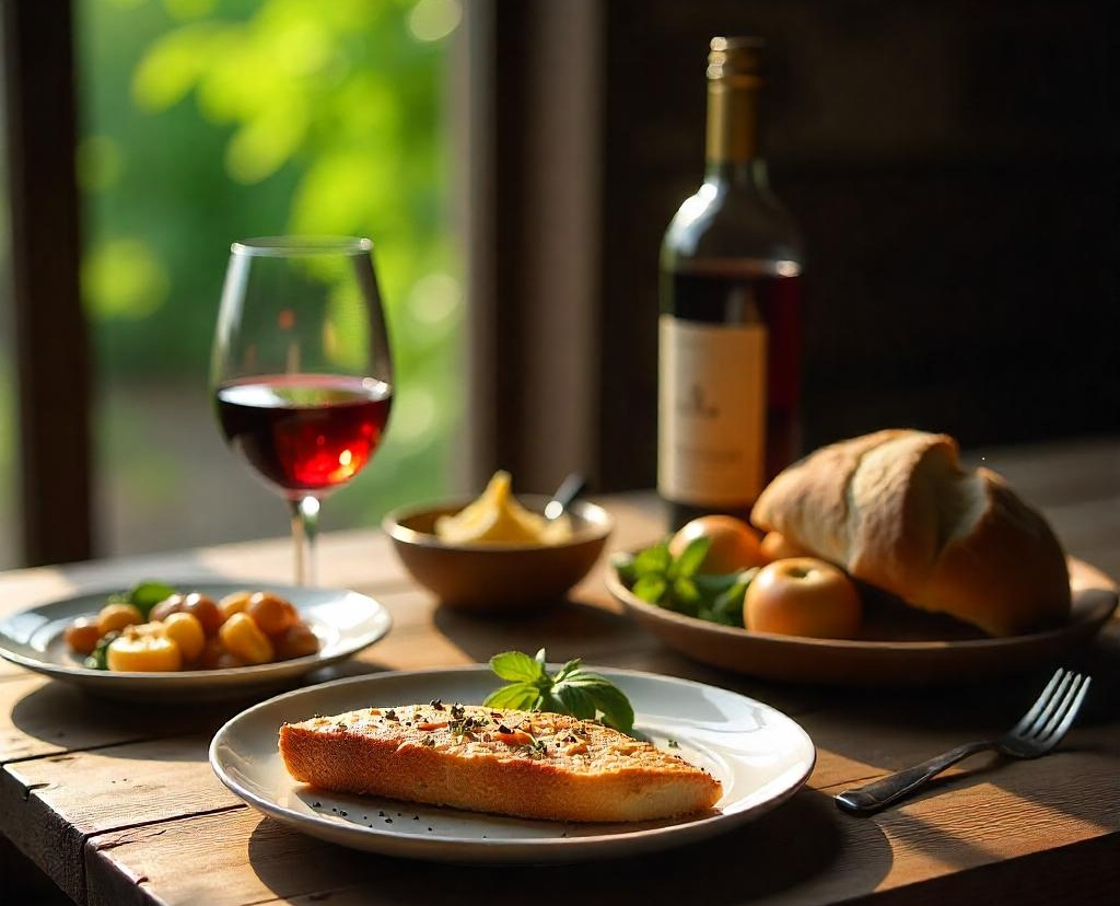 Gedeckter Tisch mit typischen Gerichten, einem Glas Rotwein und einer Flasche.