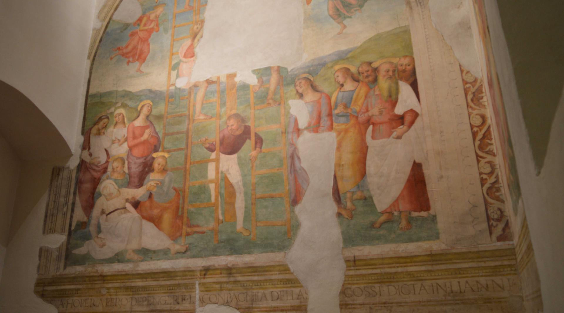 A painting by Pietro Vannucci, known as Perugino, depicting the Deposition from the Cross. The scene also includes the fainting of the Virgin Mary.