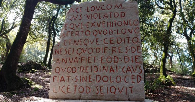 Stone copy and red lettering of the Lex Luci Spoletina inside the Sacred Wood