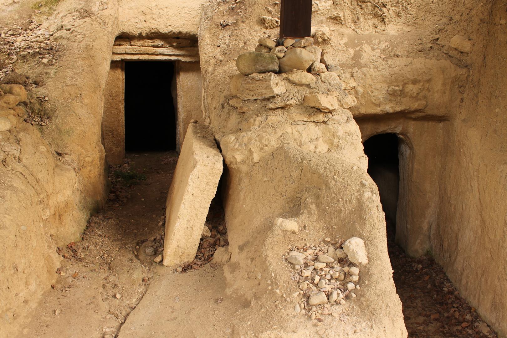 Entrance to Etruscan tombs carved into the rock with rectangular openings and remains of collapsed masonry structures.