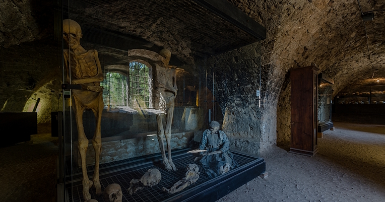 A display case with well-preserved mummies in an underground setting, with visible skulls and human remains.