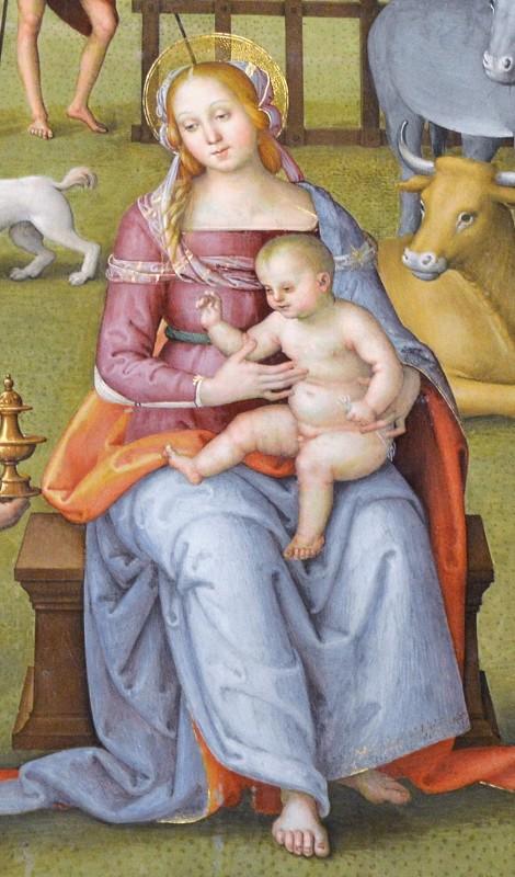 Detail des Freskos „Anbetung der Heiligen Drei Könige“, das die Madonna mit dem Kind in einer pastoralen Landschaft darstellt.