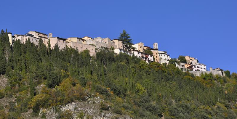 Panoramaansicht von Cerreto di Spoleto von unten, mit der auf einem Hügel gelegenen Burg, umgeben von einem grünen Wald
