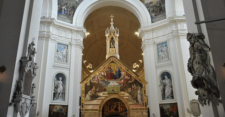 Interior of the Basilica of Saint Mary of the Angels in Assisi, with the Porziuncola, the small frescoed church at the centre of the sanctuary