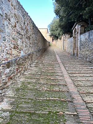 A steep stone and brick staircase, flanked by walls and trees, leads to a convent in the background under a clear sky.