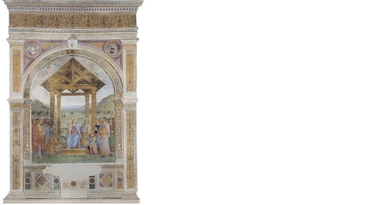 Nativity fresco with the Holy Family under a hut, surrounded by shepherds and the Magi in a hilly landscape.