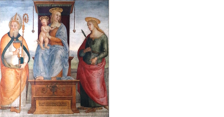 Madonna and Child enthroned between Saint Blaise with a pastoral staff and a chalice, and Saint Catherine of Alexandria with the palm of martyrdom.