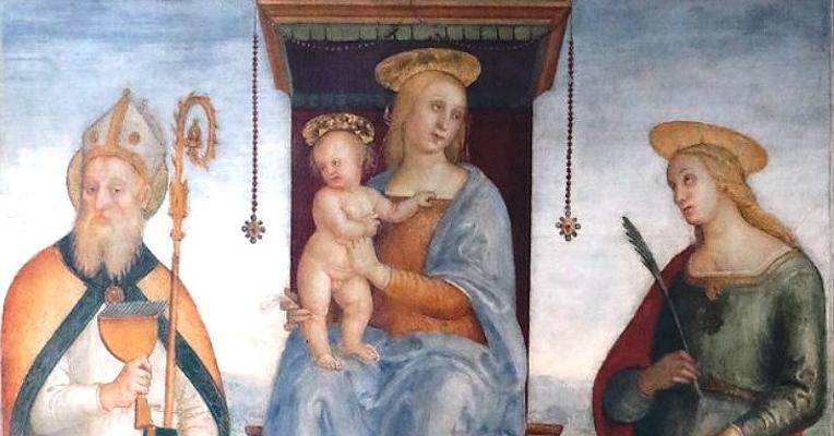 Madonna and Child enthroned between Saint Blaise with a pastoral staff and a chalice, and Saint Catherine of Alexandria with the palm of martyrdom.