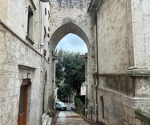 Porta Trasimena à Pérouse, avec une arche en pierre encadrant une rue pavée en descente, entre des bâtiments et des arbres en arrière-plan.