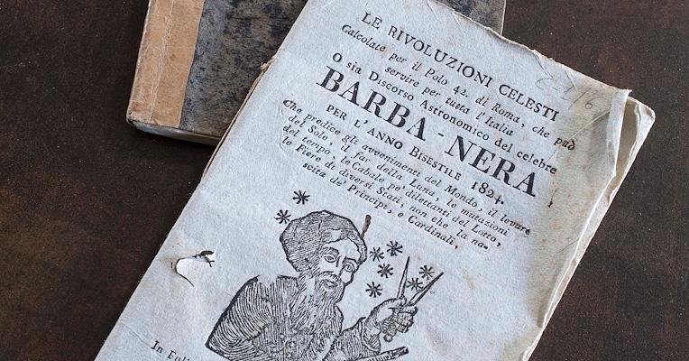 Booklet Almanacs with the inscription “Barba-Nera, the first one with the image of Barbanera, the one behind being from 1871