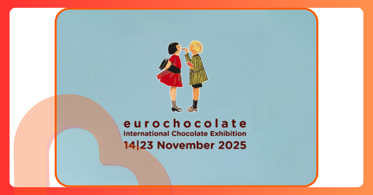 Poster for Eurochocolate 2025 in Perugia, November 14–23, with the theme “The Party in the Clouds”, featuring clouds and chocolate