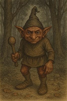 Creatura fantastica con grandi orecchie a punta che tiene in mano un bastone mentre cammina in una foresta scura
