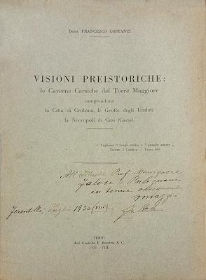 Frontespizio del libro Visioni Preistoriche di Francesco Costanzi, sulle caverne del Torre Maggiore, la città di Cortona, le grotte degli Umbri e la necropoli di Cesi.