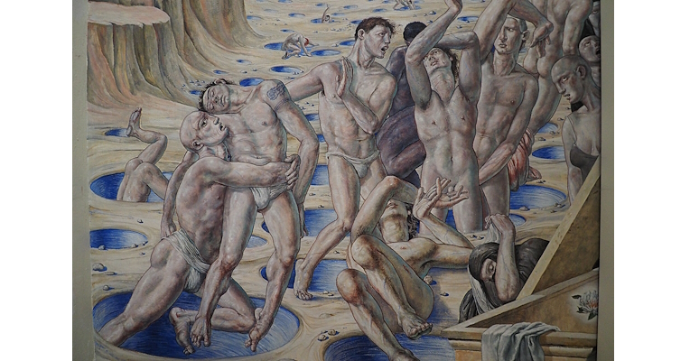 Opera d’arte contemporanea con scena drammatica corpi intrecciati maschili in un paesaggio surreale con pozze blu