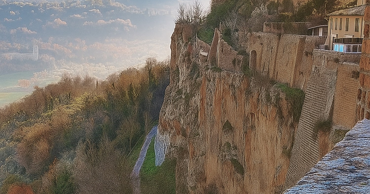 Panoramic view from Orvieto of the path running below the cliff and hills shrouded in morning mist.