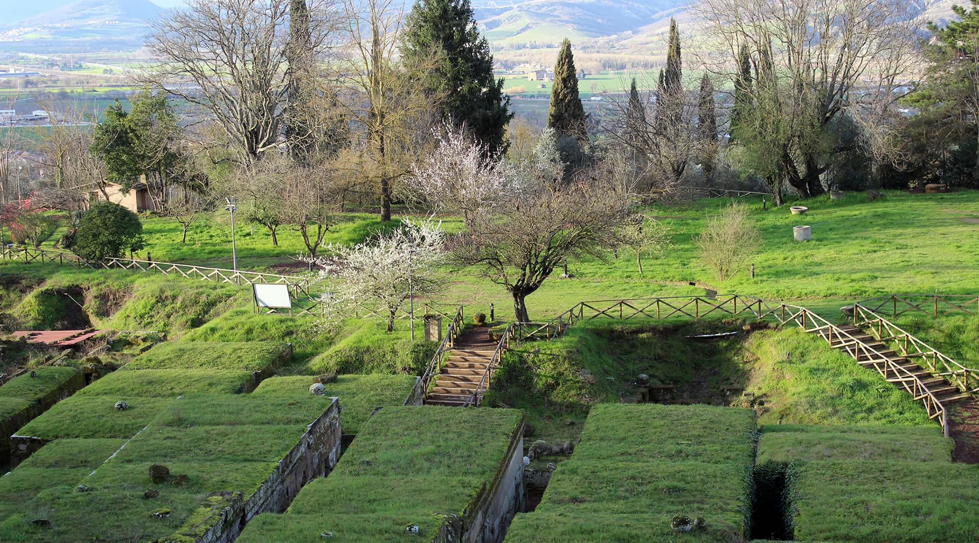 Vue aérienne de la nécropole étrusque avec tombes à tumulus recouvertes d’un toit herbeux, entourée de collines.