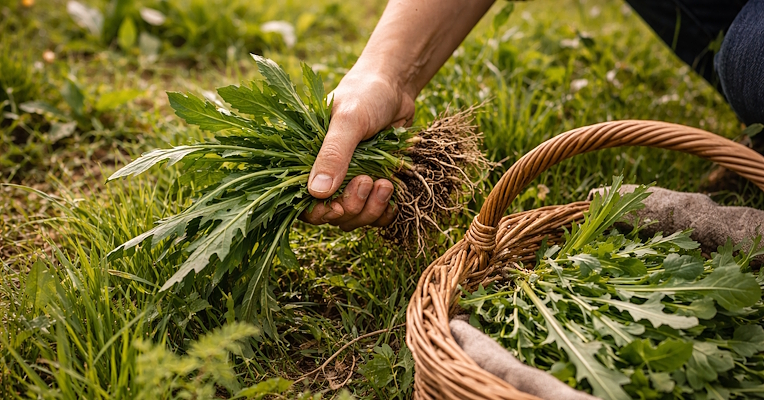 Cueillette d’herbes sauvages Text Alt : Main cueillant des herbes sauvages dans un champ en friche et les déposant dans un panier en osier.