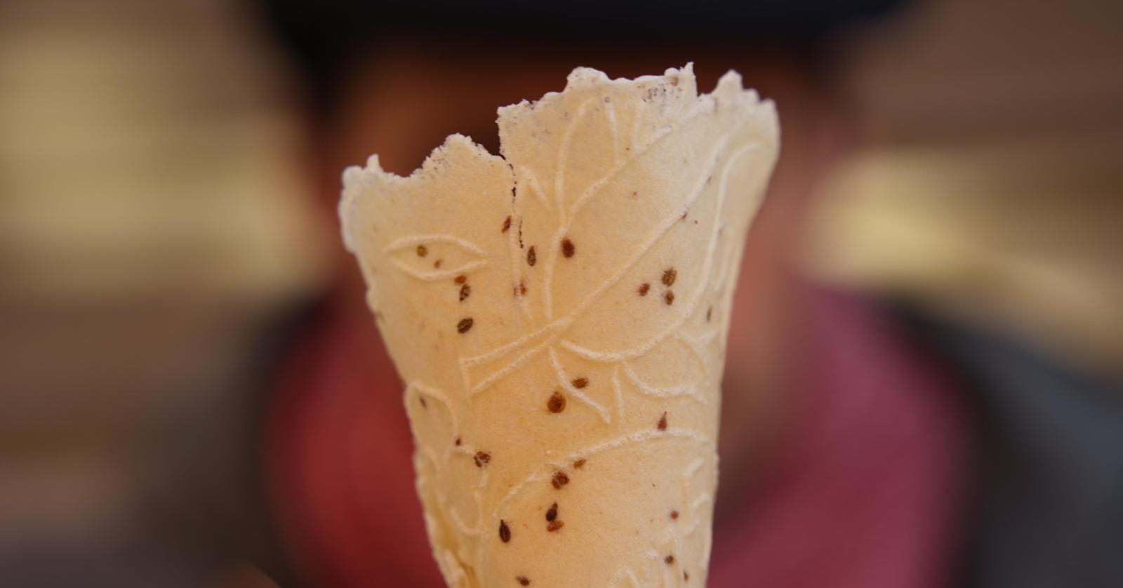 Gaufrette fine avec motifs de feuilles et petites graines d’anis, en gros plan sur fond flou.