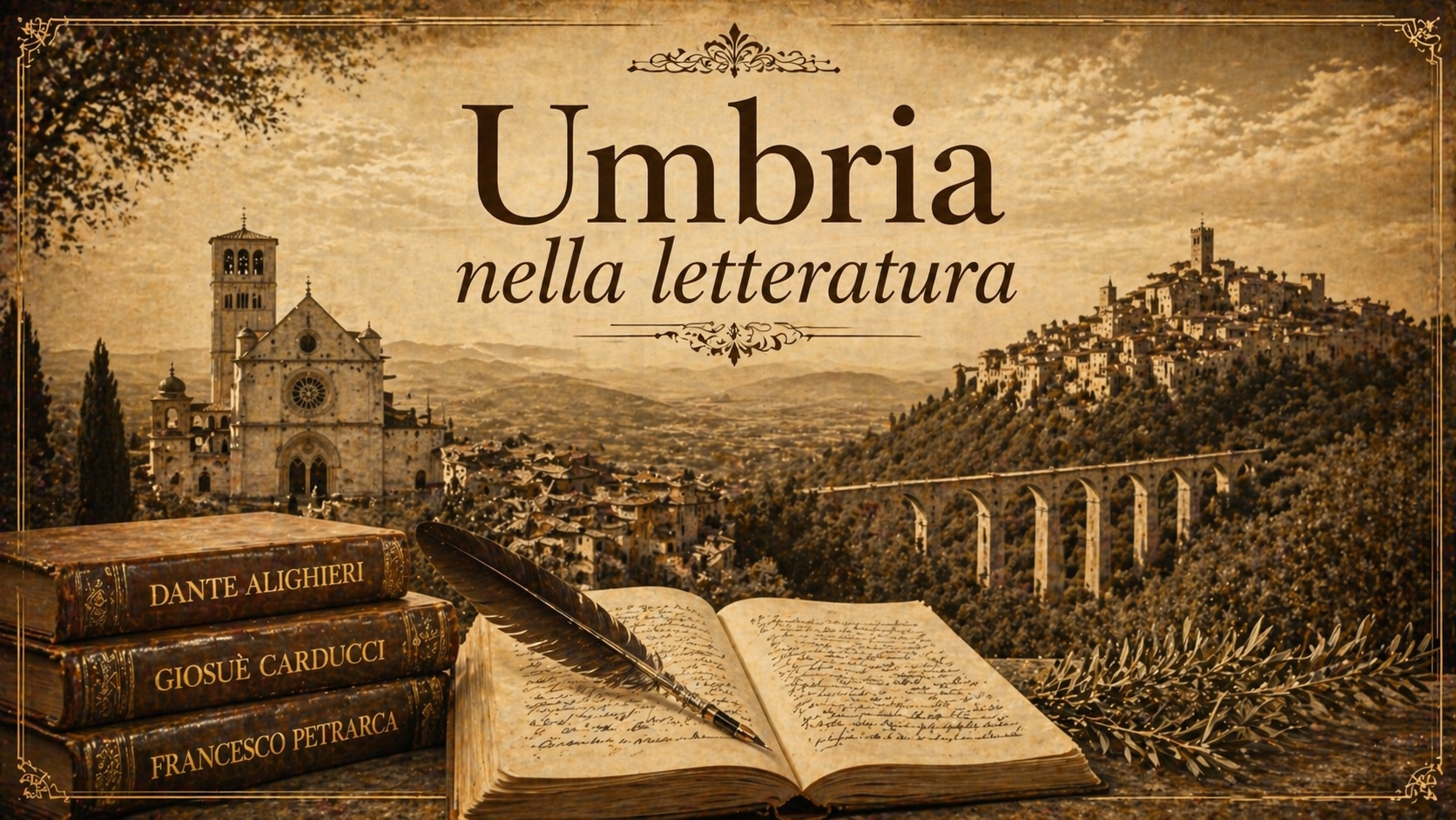 Banner con la scritta “Umbria nella letteratura”, con un paesaggio umbro, una basilica, un borgo e un ponte, libri antichi e un quaderno con penna