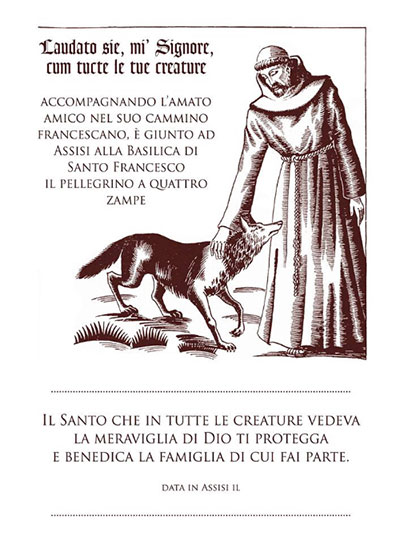 El certificado del peregrino de cuatro patas, una tarjeta que representa a San Francisco y el Lobo domado con el nombre del perro u otro ser vivo