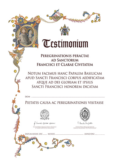 Testimonium Peregrinationis Vía de Francisco, certificado religioso que comprueba que se ha efectuado el peregrinaje a la tumba de San Francisco en Asís. 