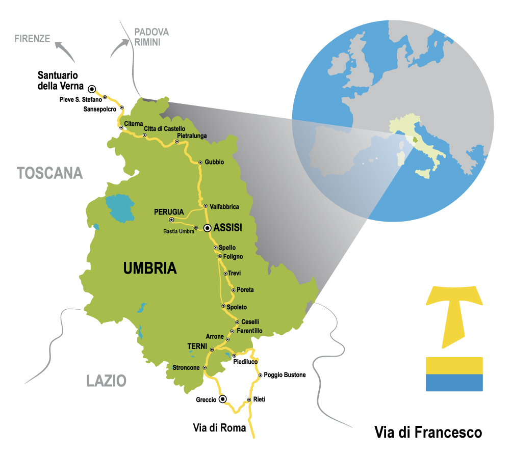 Mappa dell’itinerario della Via di Francesco di Assisi Umbria Italia